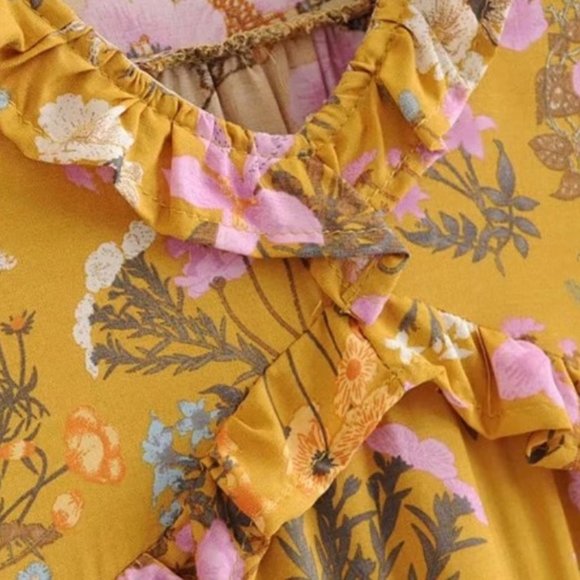 Boho 60s Floral Gypsy Print Maxi Dress Yellow - Picture 10 of 14